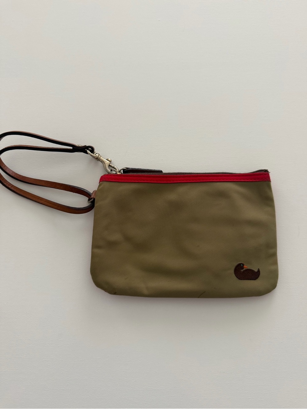 Dooney & Bourke Tan and Red Wristlet with pink interior and Brown Strap